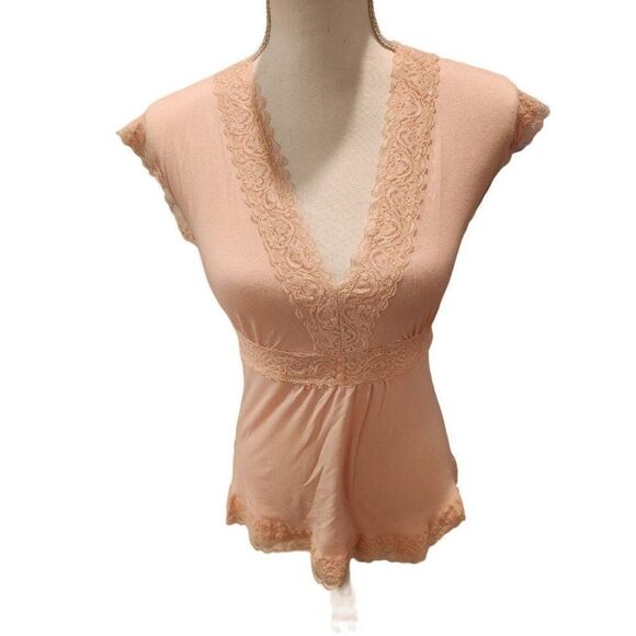 Vintage 90s Express Pink Short Sleeve Lace Shirt S Barbie V Neck Tie Back - Picture 1 of 7
